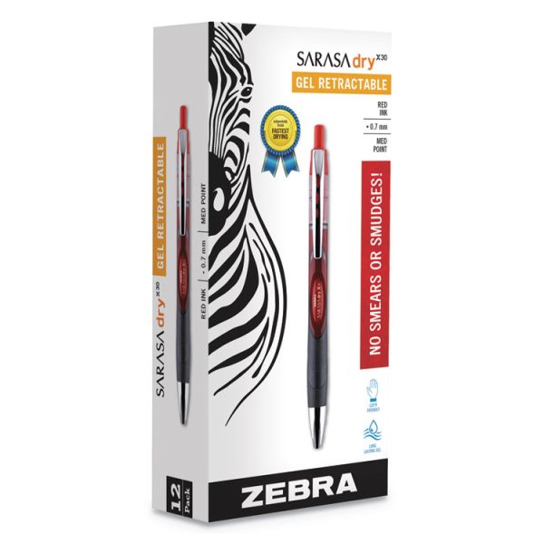 Sarasa Dry Gel X30 Gel Pen, Retractable, Medium 0.7 mm, Red Ink, Red/Black/Silver Barrel, 12/Pack - Image 2